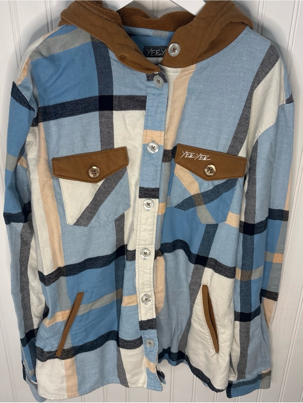 Yee Yee Women's Blue Plaid Button-Down Hooded Shirt Jacket Shacket